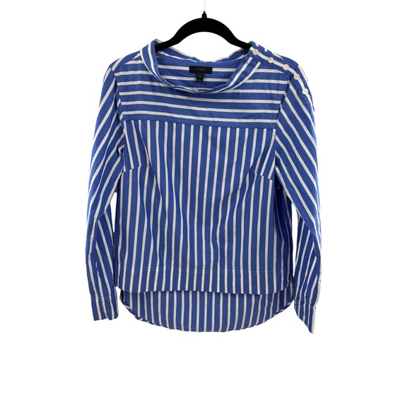 J. Crew Tops - J Crew Blue White Stripe Neck Button Shoulder Long Sleeve Blouse Top Size 4